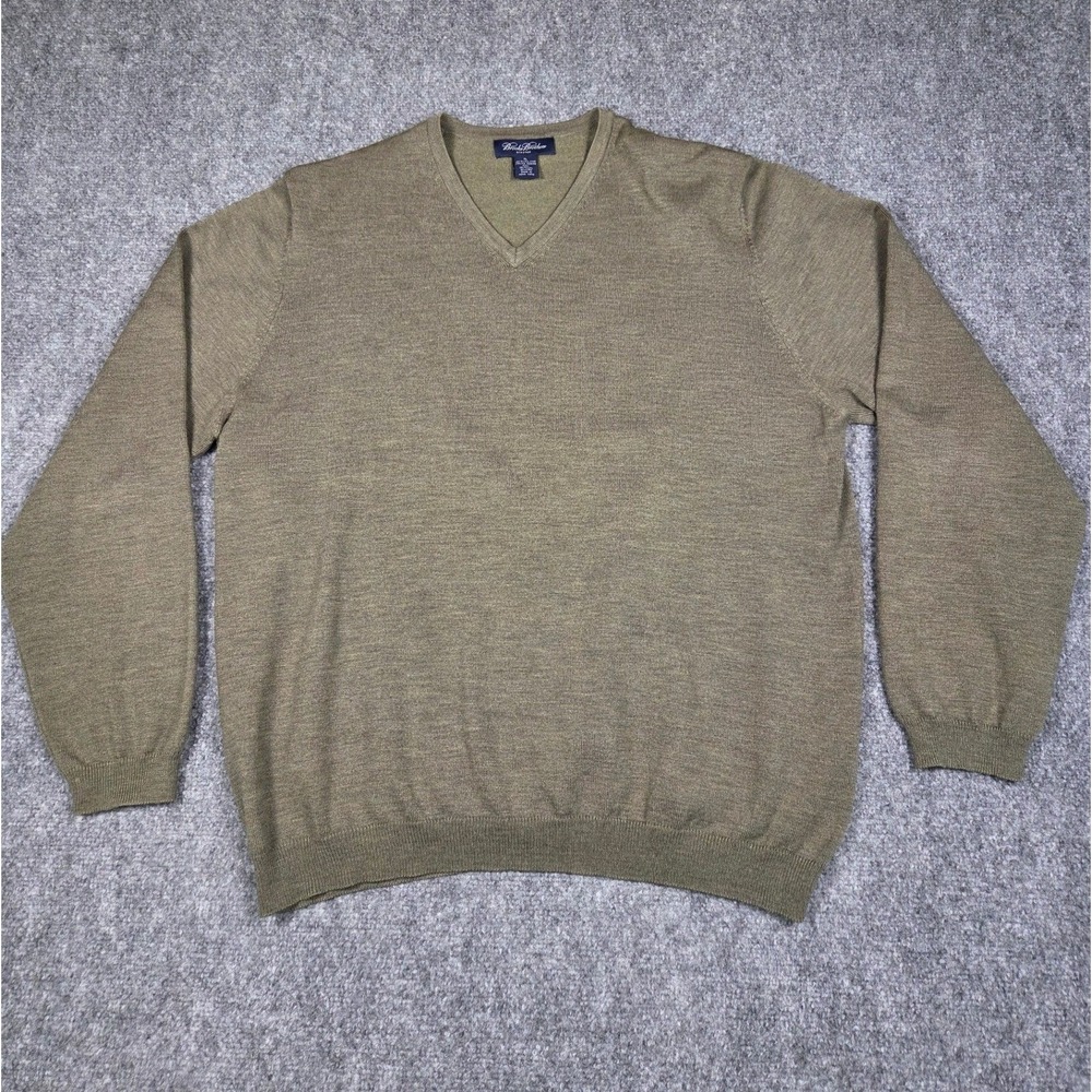 Brooks Brothers Sweater Mens XL Olive Green Italian Merino Wool Stretch V-Neck
